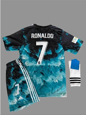 Alaturka Mix Cr7 Cristiano Ronaldo Özel Tasarım R€al Mædrid Mavi Dalgalı Çocuk Forması