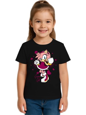 Sedirli Unisex Sonic Super Girl Baskılı Çocuk Tişört Pamuklu Penye Kumaş