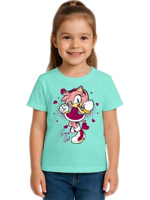 Sedirli Unisex Sonic Super Girl Baskılı Çocuk Tişört Pamuklu Penye Kumaş