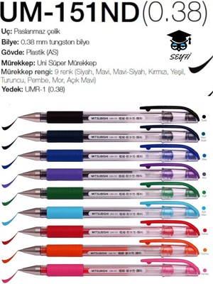 Uni-Ball Signo Needle 0.38 Iğne Uçlu Jel Kalem Bütün Renkler 9 Adet Set