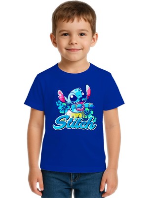Sedirli Unisex Stich Baskılı Çocuk Tişört Pamuklu Penye Kumaş