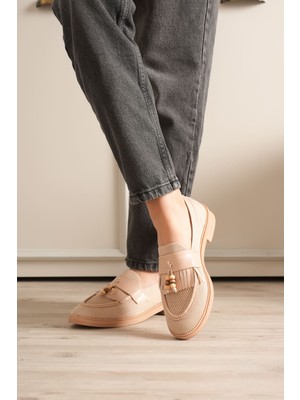 Alfaze Bej Tekstil Ortopedik Tabanlı Boncuk Detaylı Püsküllü Topuklu Ayakkabı Topuk Boyu 3 cm