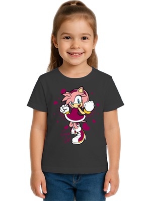 Sedirli Unisex Sonic Super Girl Baskılı Çocuk Tişört Pamuklu Penye Kumaş