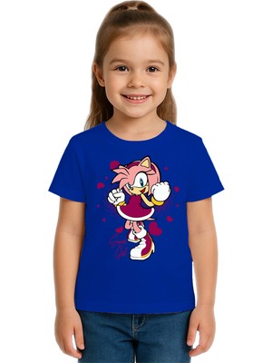 Sedirli Unisex Sonic Super Girl Baskılı Çocuk Tişört Pamuklu Penye Kumaş