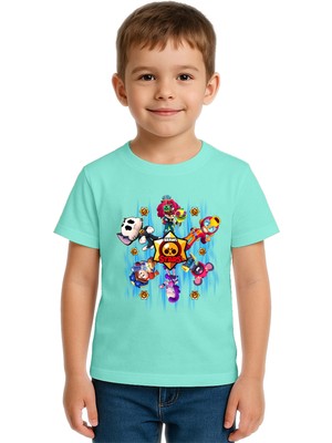 Sedirli Unisex Brawl Stars Baskılı Çocuk Tişört Pamuklu Penye Kumaş