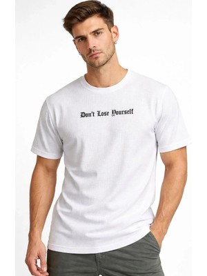 Giyim Center Erkek Wafıl Kumaş Tişört Regular Kalıp Bisiklet Yaka Baskılı Günlük Basic T-Shirt - Beyaz