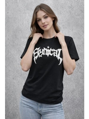 Giyim Center Kadın Bisiklet Yaka Ön Baskılı  Kısa Kollu Tişört Streetwear Günlük Basic Pamuklu T-Shirt - Siyah