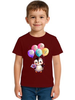 Sedirli Unisex Penguen Penguin Baskılı Çocuk Tişört Pamuklu Penye Kumaş