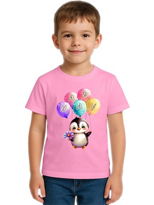 Sedirli Unisex Penguen Penguin Baskılı Çocuk Tişört Pamuklu Penye Kumaş