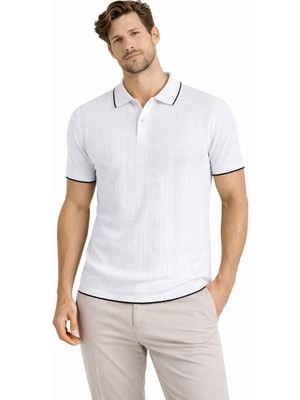 Giyim Center Erkek Düğmeli Yaka Triko Dokuma Tişört Desenli Yazlık Şık Günlük Triko Tişört - Beyaz