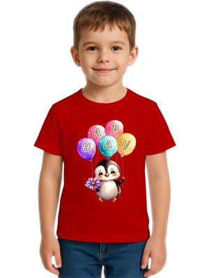 Sedirli Unisex Penguen Penguin Baskılı Çocuk Tişört Pamuklu Penye Kumaş