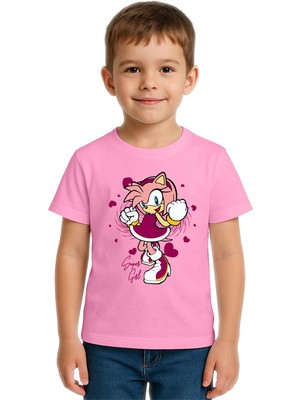 Sedirli Unisex Sonic Super Girl Baskılı Çocuk Tişört Pamuklu Penye Kumaş