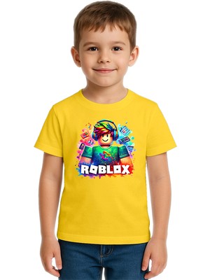 Sedirli Unisex Roblox Baskılı Çocuk Tişört Pamuklu Penye Kumaş