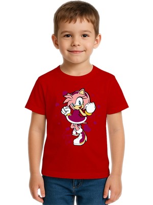 Sedirli Unisex Sonic Super Girl Baskılı Çocuk Tişört Pamuklu Penye Kumaş