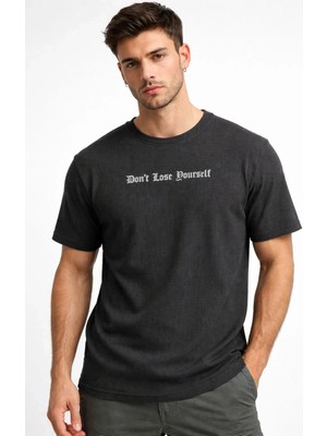 Giyim Center Erkek Wafıl Kumaş Tişört Regular Kalıp Bisiklet Yaka Baskılı Günlük Basic T-Shirt - Siyah