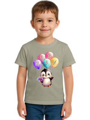 Sedirli Unisex Penguen Penguin Baskılı Çocuk Tişört Pamuklu Penye Kumaş