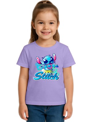 Sedirli Unisex Stich Baskılı Çocuk Tişört Pamuklu Penye Kumaş