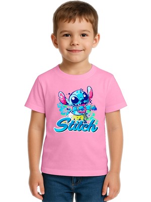 Sedirli Unisex Stich Baskılı Çocuk Tişört Pamuklu Penye Kumaş