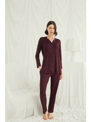 Beruflic Angel Uzun Kollu Boydan Düğmeli V Yaka Pijama Takımı
