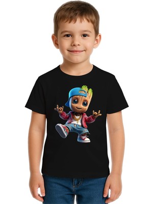 Sedirli Unisex Groot Baskılı Çocuk Tişört Pamuklu Penye Kumaş