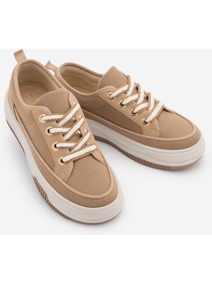 Marjin Kadın Yüksek Kalın Taban Sneaker Bağcıklı Spor Ayakkabı Hesna Camel Keten