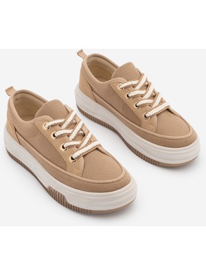 Marjin Kadın Yüksek Kalın Taban Sneaker Bağcıklı Spor Ayakkabı Hesna Camel Keten