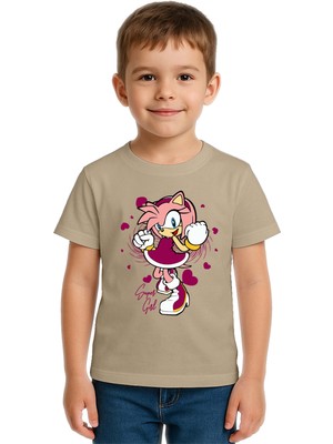 Sedirli Unisex Sonic Super Girl Baskılı Çocuk Tişört Pamuklu Penye Kumaş