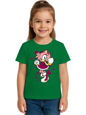 Sedirli Unisex Sonic Super Girl Baskılı Çocuk Tişört Pamuklu Penye Kumaş