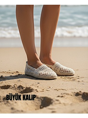 KAFKASLAR AYAKKABI Triko Hasır Taş Detaylı Düz Taban Kadın Babet Ayakkabı