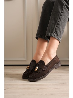 Alfaze Acı Kahve Tekstil Ortopedik Tabanlı Boncuk Detaylı Püsküllü Topuklu Ayakkabı Topuk Boyu 3 cm