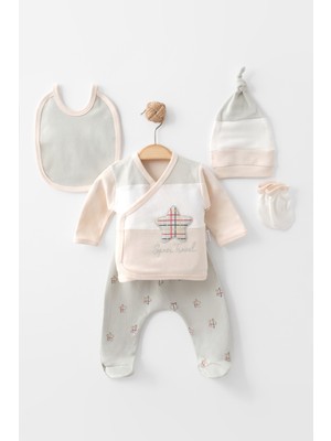 Zeynuko Erkek Bebek Çizgili Yıldızlı %100 Pamuk 0-3 Ay 5'li Yenidoğan Hastane Çıkışı Zıbın Seti Kutuu