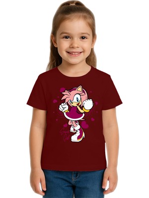 Sedirli Unisex Sonic Super Girl Baskılı Çocuk Tişört Pamuklu Penye Kumaş