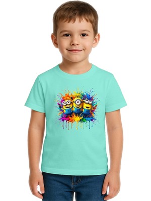 Sedirli Unisex Mınıons Baskılı Çocuk Tişört Pamuklu Penye Kumaş