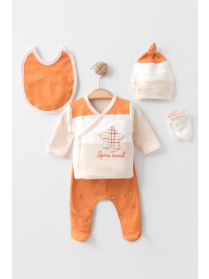 Zeynuko Erkek Bebek Çizgili Yıldızlı %100 Pamuk 0-3 Ay 5'li Yenidoğan Hastane Çıkışı Zıbın Seti Kutuu