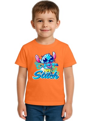 Sedirli Unisex Stich Baskılı Çocuk Tişört Pamuklu Penye Kumaş
