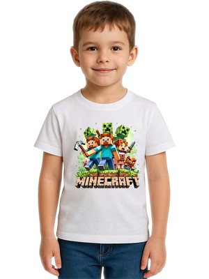Sedirli Unisex Mınecraft Baskılı Çocuk Tişört Pamuklu Penye Kumaş