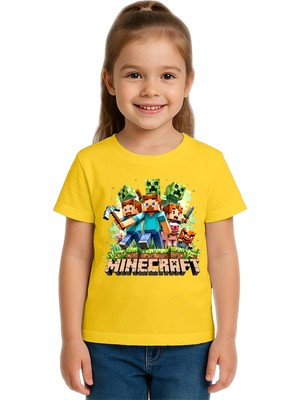 Sedirli Unisex Mınecraft Baskılı Çocuk Tişört Pamuklu Penye Kumaş