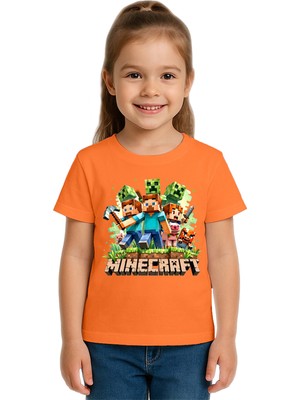 Sedirli Unisex Mınecraft Baskılı Çocuk Tişört Pamuklu Penye Kumaş