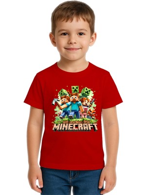 Sedirli Unisex Mınecraft Baskılı Çocuk Tişört Pamuklu Penye Kumaş