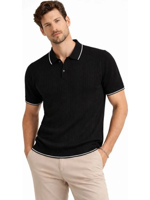 Erkek Düğmeli Yaka Triko Dokuma Tişört Desenli Yazlık  Şık Günlük Triko Tişört - Siyah