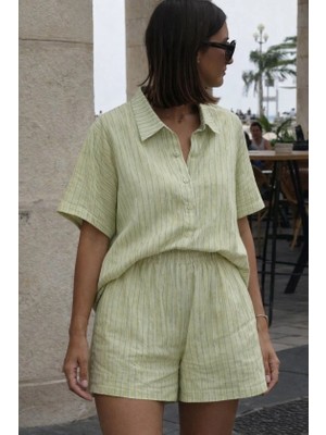 Kadın Kısa Kollu Çizgili Modal Kumaş Gömlek ve Yüksek Bel Lastik Detay Şort Ikili Takım