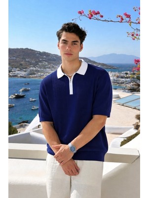 Damga Erkek Comfort Fit Çizgili Triko Lacivert Polo Yaka Tişört