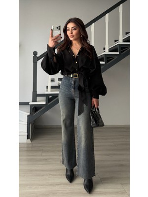 Elisin Koyu Mavi Yıkamalı Kemerli Straight Jean