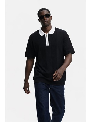Damga Erkek Çizgili Relax Fit Siyah Polo Yaka Tişört