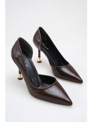 Rella Kahverengi Rugan Sivri Burun Gold Topuk Detaylı Ince Topuklu Şık Stiletto Kadın Ayakkabı