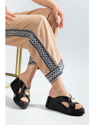 Suins Shoes Suins Izary Model Kadın Dolgu Taban Altın Toka Detaylı Terlik