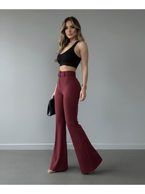 Jack Caprio Kadın Ithal Doubleface Kumaş Pantolon Ispanyol Paça Kemer Detaylı Kumaş Pantolon