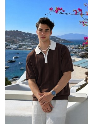 Damga Erkek Comfort Fit Çizgili Triko Kahve Polo Yaka Tişört