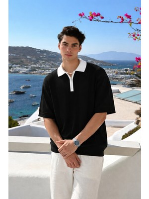 Damga Erkek Comfort Fit Çizgili Triko Siyah Polo Yaka Tişört