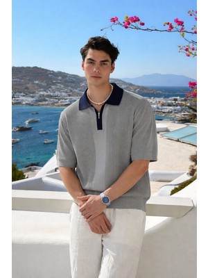 Damga Erkek Comfort Fit Çizgili Triko Gri Polo Yaka Tişört